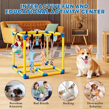 WLLEYAY Puppy Play Gym for Small Dogs 10 Hanging Toys,Interactive Dog Toys | Removable Indoor Jungle Gym,PVC Frame With Adjustable Bungee Straps, Interactive Tug Toys,Dogs Rope Toy To Keep Them Busy - color: Yellow & Blue
