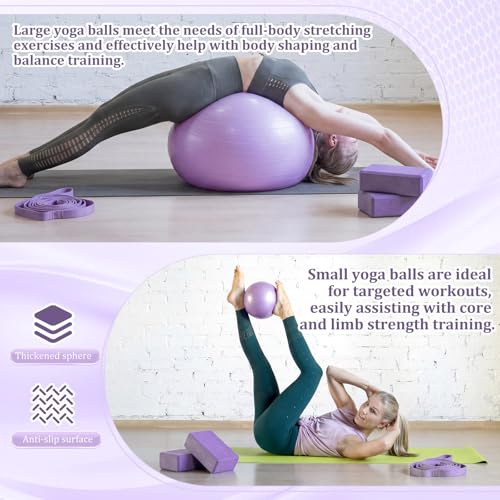 6-in-1 Yoga Balls and Yoga Block Set with Strap Foot Pump, Exercise Pregnancy Balls for Birthing, Pilates Kit Fitness Physical Therapy Home Gym Workout Equipment - color: Purple