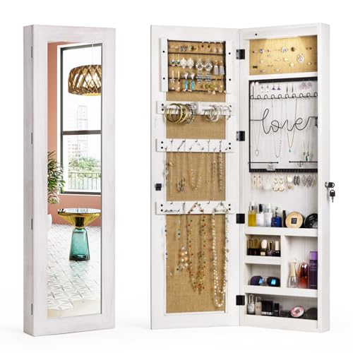 SRIWATANA Jewelry Armoire Cabinet, Solid Wood Jewelry Organizer with Full Length Mirror Wall/Door Mounted(Washed White) - color: Washed White