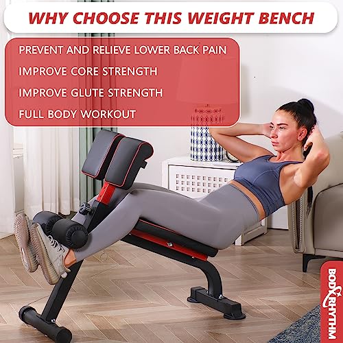 BODYRHYTHM Compact Adjustable Weight Bench for Full Body Strength Training, Ab/Back Hyper Roman Chair, Adjustable Ab Sit up Bench, Incline Decline Bench, Flat Bench, Hyperextension Bench, Back Extension Machine