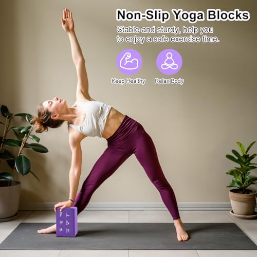 2 Yoga Block and 2 Yoga Strap Set,Non-slip EVA Foam Blocks, High Density Yoga Bricks with 6ft Strap, Supportive Latex-Free Yoga Block Accessories for Pilates - color: Purple