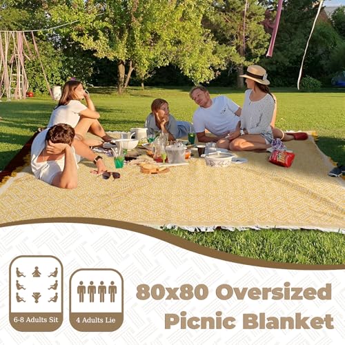 Genovega 2 in 1 Extra Large Rug Outdoor Picnic Blanket Waterproof Woven Boho Mat Giant Beach Towel Travel Essential Yoga Accessories Park Patio Lawn Garden Ground Music Festival Concert Must Have