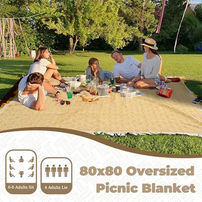 Genovega 2 in 1 Extra Large Rug Outdoor Picnic Blanket Waterproof Woven Boho Mat Giant Beach Towel Travel Essential Yoga Accessories Park Patio Lawn Garden Ground Music Festival Concert Must Have