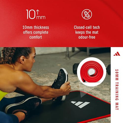 adidas 10mm Extra Thick Training Mat with Carrying Strap and Non-Slip Textured Base - Cushioned Workout Mat for Home Gym, Floor Workouts, and Intense Exercises - Portable and Durable