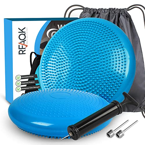 RFAQK Inflated Air Stability Wobble Cushion - Wiggle Seat to Improve Sitting Posture & Attention, Stability Balance Disc for Physical Therapy Exercise [Extra Thick, Pump, Bag, E-Book Included] - color: Blue