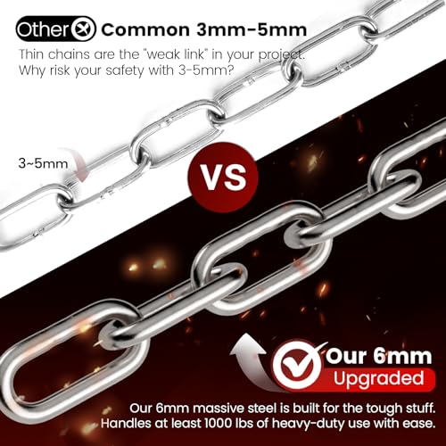 1000LB Heavy Duty Hanging Swing Chain, 6mm Thick 304 Stainless Steel Hanging Chain with 2 Carabiners, 25" Hardware Kit for Hammock, Hanging Chair, Punching Bags, Tree, Indoor & Outdoor