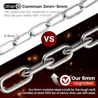 1000LB Heavy Duty Hanging Swing Chain, 6mm Thick 304 Stainless Steel Hanging Chain with 2 Carabiners, 25" Hardware Kit for Hammock, Hanging Chair, Punching Bags, Tree, Indoor & Outdoor