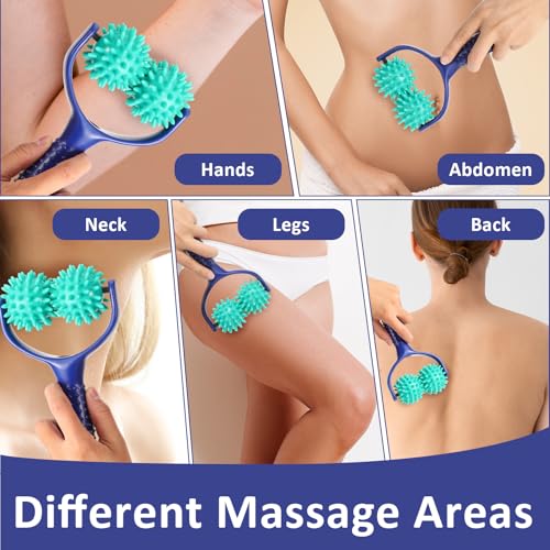 Spiky Massage Balls Rollers with Dual Ball Design, Manual Massage Stick with Ergonomic Handle, Lightweight and Portable Point Muscle Massages Tool Pain Relief for Back Neck Shoulder Leg - color: Green