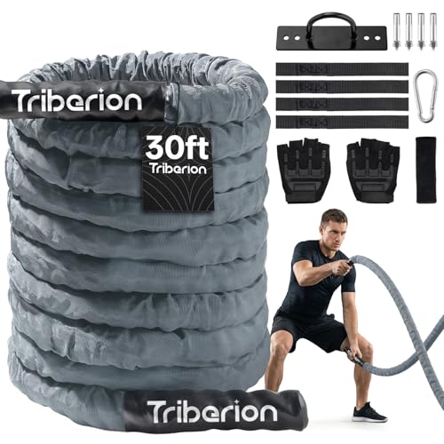Battle Rope for Home Gym Workout - 1.5 Inch 30ft Heavy Weighted Training Exercise Ropes Fitness Equipment with Sleeve and Anchor Strap Kit for Outdoor Working Out - Gray - color: Gray, size: 1.5 Inch x 30 FT
