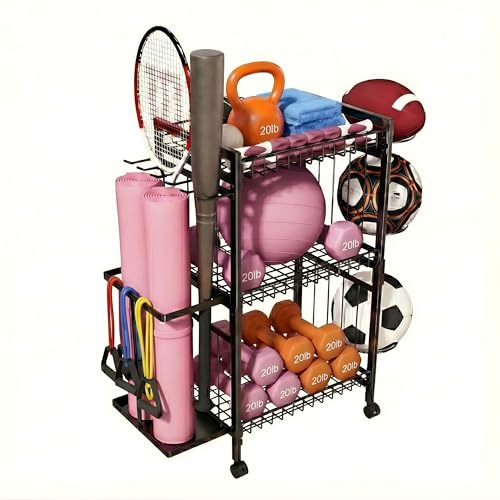 Home Gym Storage Rack 3-Tier Dumbbell Rack with Ball Holder & Side Basket Heavy Duty Vertical Workout Equipment Organizer for Yoga Mats Lockable Wheels