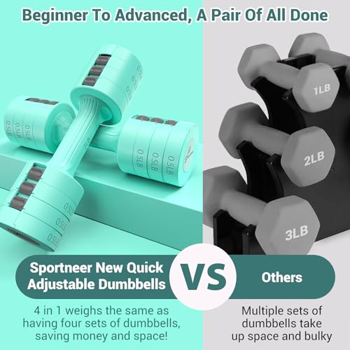 Sportneer Adjustable Dumbbells Hand Weights Set: 5 lb Dumbbell Set of 2 Each 2lb 3lb 4lb 5lb Free Weights Fast Adjust Weight 4 In 1 Weights Dumbbells Set for Women Men Home Gym Exercise Training - color: Green