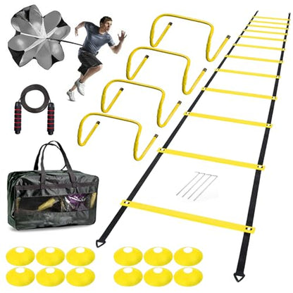 Agility Ladder Set 20ft, 4 Hurdles, 12 Soccer Cones, Jump Rope & Running Parachute - Speed Agility Training Equipment for Soccer Fitness Kids Youth Adults - color: Yellow