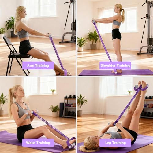 Pedal Resistance Band with Handle, 8-Tubes Multifunction Pedal Resistance Band, Natural Rubber Foot Pedal Resistance Band, Exercise Bands with Handles for Abdomen, Waist, Arm, Leg, Purple
