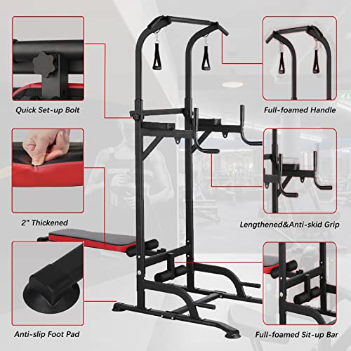 Power Tower with Bench, Pull Up Bar Dip Station, Power Tower Dip Station, Training Workout Equipment, Height Adjustable Pull Up Tower w/Folding Bench 4 Ropes, Strength Training, Home Gym