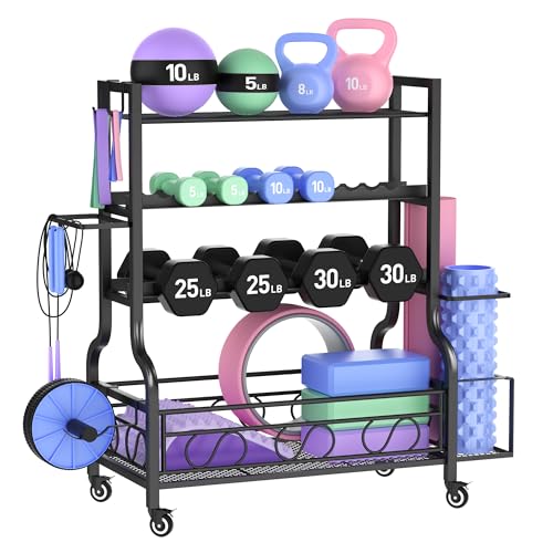 PARTPHONER Dumbbell Weight Rack, Home Gym Storage for Kettlebells Yoga Mat and Balls, All in One Workout Storage with Wheels and Hooks, Powder Coated Finish Steel - size: 39"(L)x15.8"(W)x39.8"(H)