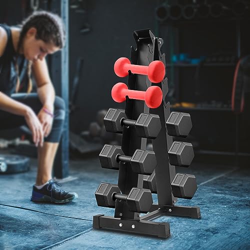 6-Tier Dumbbell Weight Rack, Rubber Encased Exercise & Fitness Hex Dumbbell, Dumbbell Rack Stand for Home Gym – Heavy Duty A-Frame Weight Rack Holds 6 Pairs of Dumbbells, 660 lbs Capacity