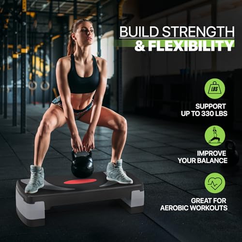 Aerobics Stepper Platform for Exercise Adjustable Compact Workout Step for Cardio, Core and Strength Training