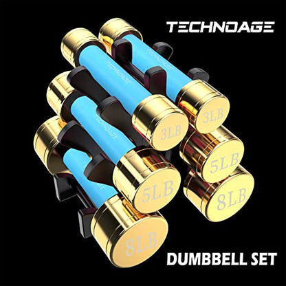 TECHNOAGE Round Dumbbell Sets with Steel Handle, Odorless Neoprene rubber Handle Cover - color: Blue-6PC