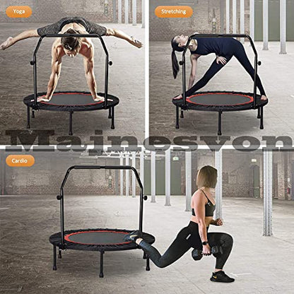 40'' Fitness Trampoline with 4 Levels Height Adjustable Foam Handle, Foldable Mini Rebounder for Adults Home Indoor Workout, 6-Leg Exercise Trampoline, Max Load 330lbs