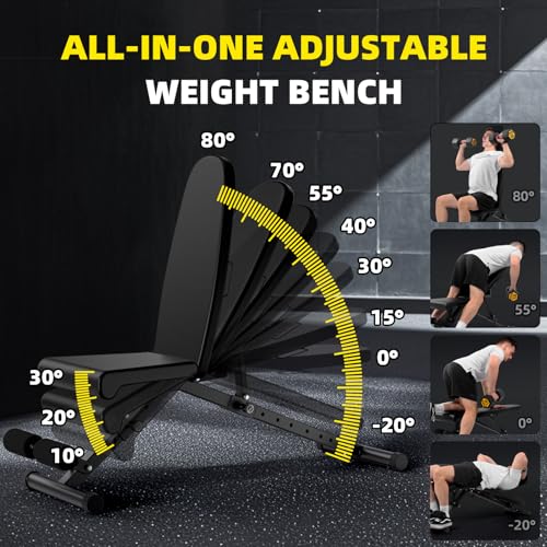 Weight Bench, Adjustable Workout Bench with 900Lbs Capacity, with Fast Folding, Adjustable Bench for Full Body Workout, Space-Saving, for Indoor Workout, Home Gym (Black)