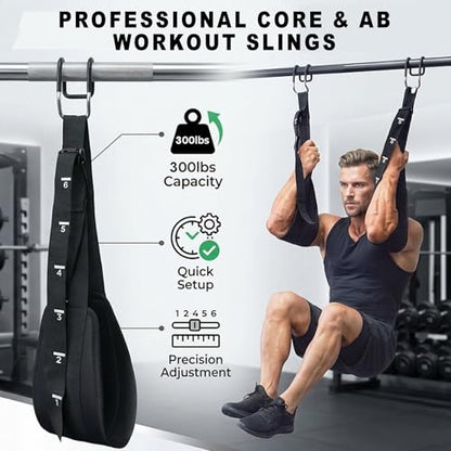 Ab Straps for Pull Up Bar with Rubber Coated Quick Hooks, Numbered Scales Adjustable Hanging Ab Slings for Leg Raises Core Workout, 300lbs Heavy Duty