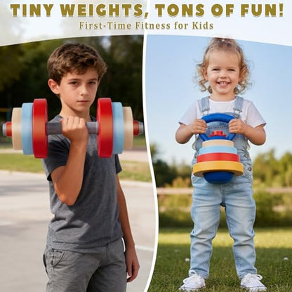 OCES 5-in-1 Kids Weight Set — Adjustable Fillable Toddler Weights Gym Set (Barbell, Dumbbells, Kettlebell, Ring Toss, Push-up) Kids Workout Equipment Beginner Home Gym Play Exercise Fitness Toy