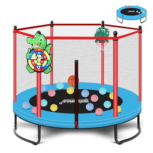 Mini Trampoline for Kids & Toddlers, Ages2-10 | Indoor & Outdoor, with Safety Enclosure Net, Basketball Hoop & Ocean Balls, Birthday Gift for Boy,Girl - color: Blue+Red