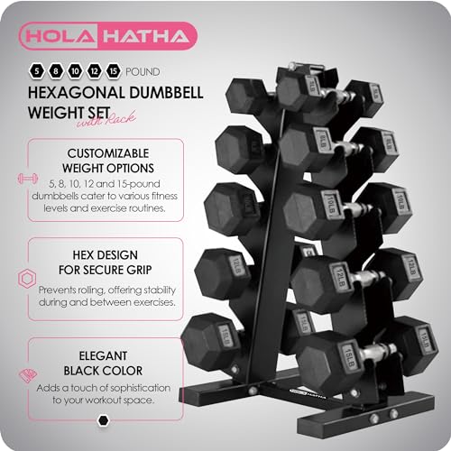 HolaHatha Hexagonal Dumbbell Free Hand Weight Set w/Rack - color: Black, style: 100lb Set