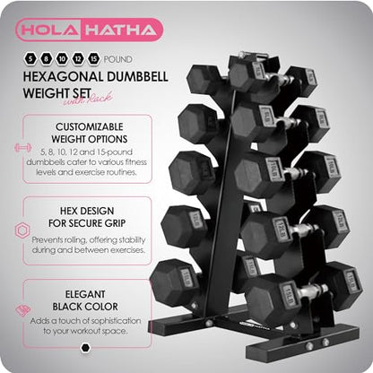 HolaHatha Hexagonal Dumbbell Free Hand Weight Set w/Rack - color: Black, style: 100lb Set