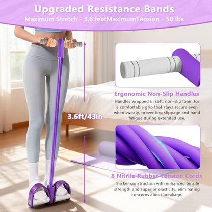 Pedal Resistance Band with Handle, 8-Tubes Multifunction Pedal Resistance Band, Natural Rubber Foot Pedal Resistance Band, Exercise Bands with Handles for Abdomen, Waist, Arm, Leg, Purple