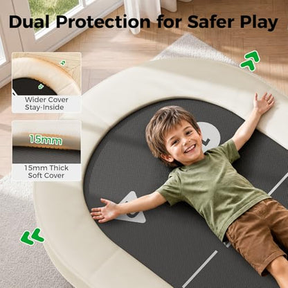 BCAN BT6 56IN 2-Person Kids Trampoline, Safe-Elastic Band Foldable Frame Trampoline for Kids 1-8, ASTM Certified-Toddler Trampoline Indoor with Adjustable Stable Handlebar, Load 220lbs