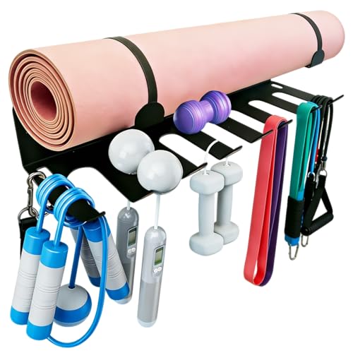 Gym Storage Rack Wall Mount, Heavy Duty Steel Yoga Mat Holder for Home Garage Gym, Workout Equipment Organizer for Resistance Bands, Jump Ropes, Lifting Belts, Foam Rollers, Hula Hoops and Fitness Accessories, Black