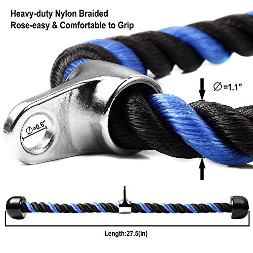Deluxe Tricep Rope Pull Down Cable, 27 & 36 Inch Rope Length, Easy to Grip & Non-Slip Cable Attachment for Gym Workout Exercise - color: Blue&Black-27''