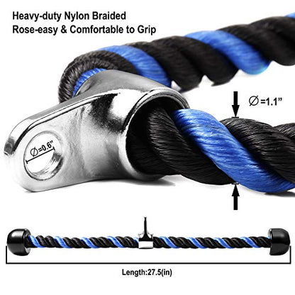 Deluxe Tricep Rope Pull Down Cable, 27 & 36 Inch Rope Length, Easy to Grip & Non-Slip Cable Attachment for Gym Workout Exercise - color: Blue&Black-27''