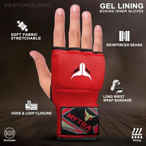 Mytra Fusion Gel Padded Inner Gloves Boxing Hand Wraps for Kids, Boxing Wraps with 80 cm Long Wrist Strap for MMA, Kickboxing, Punching, Martial Arts & Muay Thai Hand Wraps - color: Red