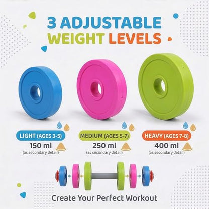 Kids Workout Dumbbell Weights Set - Toddler Toy Gym Equipment for Pretend Play Lifting, Exercise & Fitness - Adjustable Fill with Sand or Water