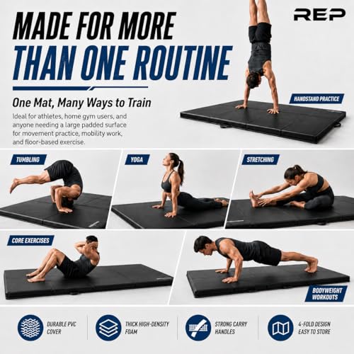 REP Fitness Folding Gym Mat, 4-Fold Design, Non-Slip Durable Exercise Mat for Home Workouts, Yoga, Tumbling, Stretching, and Floor Protection, Padded Gymnasium or Gymnastics Pad, 4’x8’, 2.5" Thick