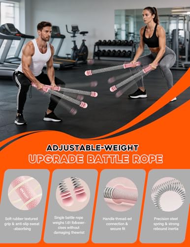 Cordless Battle Ropes 2 Pack Adjustable Weight Portable Ropeless Battle Ropes for Home Gym Full Body Workout with Non Slip Handle and Training Poster for HIIT Cardio Strength Training Men Women,Pink