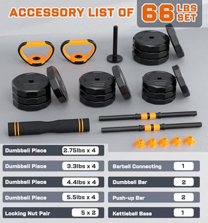 5-in-1 Adjustable Dumbbell Set, 33/44/66/88lbs Free Weights Set with Connector, Used as Kettlebells, Barbell, Push up Stand, Standard 1" Plates, Fitness Exercises for Home Gym Suitable Women/Men - color: 66LB (33LB Pair)