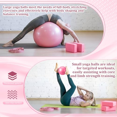 Pilates Set with 2 Yoga Exercise Balls (25.6”&9.8”), Yoga Block, Stretch Strap & Foot Pump, Stability Fitness Ball Kit for Home Gym Equipment Workout Pregnancy Physical Therapy