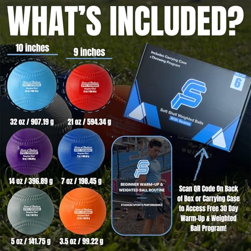 Set of 6 Weighted Balls with Seams & Free Throwing Program | Throwing Arm Strength & Velocity Training | 3.5oz, 5oz, 7oz, 14oz, 21oz, 32oz | Carry Bag Included