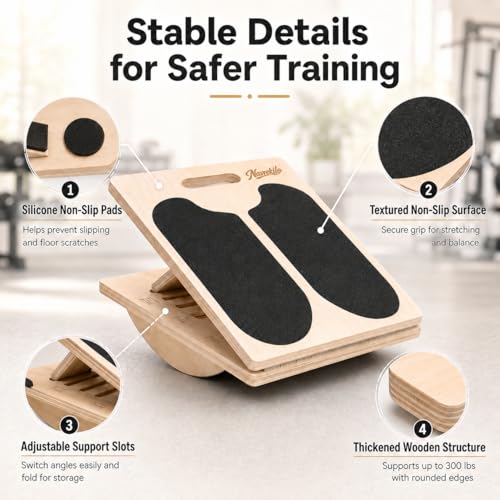 Wooden Slant Board for Calf Stretching and Achilles Stretch, 2-in-1 Adjustable Calf Stretch Board & Balance Board for Ankle Mobility, Physical Therapy and Stability Training