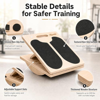 Wooden Slant Board for Calf Stretching and Achilles Stretch, 2-in-1 Adjustable Calf Stretch Board & Balance Board for Ankle Mobility, Physical Therapy and Stability Training