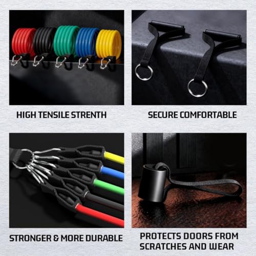 Wellesa 11Pc Resistance Bands Set for Exercise, Stretching and Workout Toning Tube Kit with Foam Handles, Door Anchor, Ankle Strap and Long Carry Bag for Men, Women