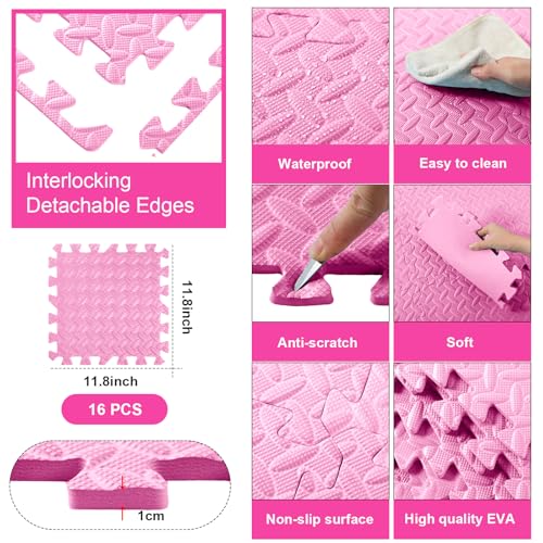 Foam Floor Tiles Foam Floor Mats Play Mats Bulk with Borders Interlocking for Bedroom Gym Nursery(11.8 x 11.8 Inch,Light Pink)