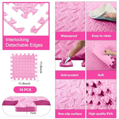 Foam Floor Tiles Foam Floor Mats Play Mats Bulk with Borders Interlocking for Bedroom Gym Nursery(11.8 x 11.8 Inch,Light Pink)