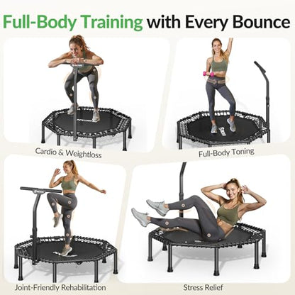 BCAN BT3 51" Octagonal Rebounder Trampoline for Adults, 450LBS Max Load Fitness Trampoline with Large Jumping Area, Silent Bungee Mini Trampoline with T-Adjustable Handle for Home Gym