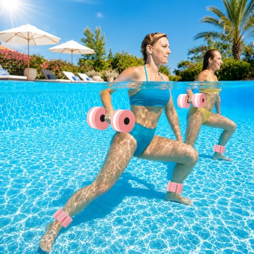 Water Aerobics Set – 2 EVA Foam Aqua Dumbbells & 2 Adjustable Wrist Ankle Weights, Pool Exercise Equipment for Aquatic Fitness Swimming Training for Adults Seniors