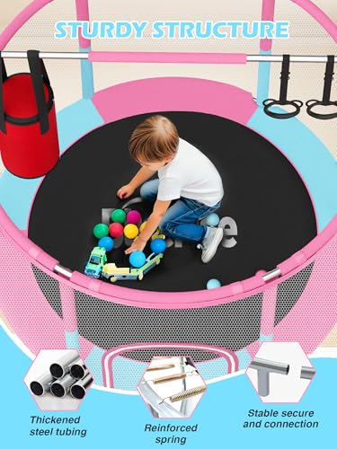 55IN 6FT Toddler Trampoline for Kids Indoor Outdoor Play for Kids Trampoline Basketball Hoop Attachment with Enclosure Net Easy to Assemble