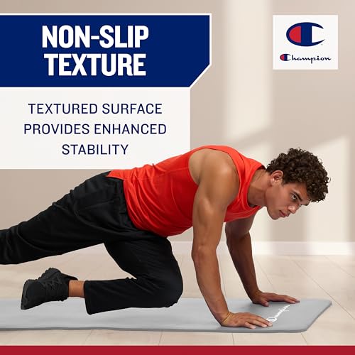Champion 10mm Exercise Mat, Cushioned Non-Slip Workout Mat with Textured Base for Yoga, Pilates, Stretching & Floor-Based Training, Lightweight NBR Material, Includes Carry-On Strap - color: Black